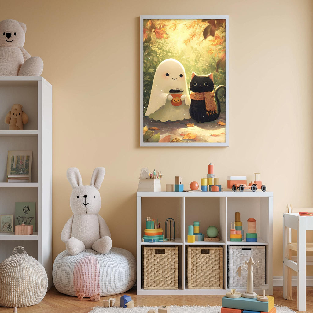 a cozy and colorful children's bedroom with a white bookshelf, a plush bunny, a stuffed cat, and a framed illustration of a ghost and a witch.