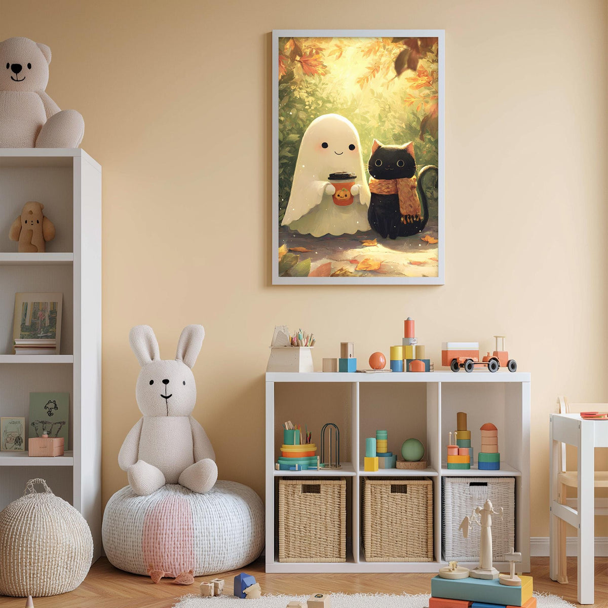 a cozy and colorful children's bedroom with a white bookshelf, a plush bunny, a stuffed cat, and a framed illustration of a ghost and a witch.