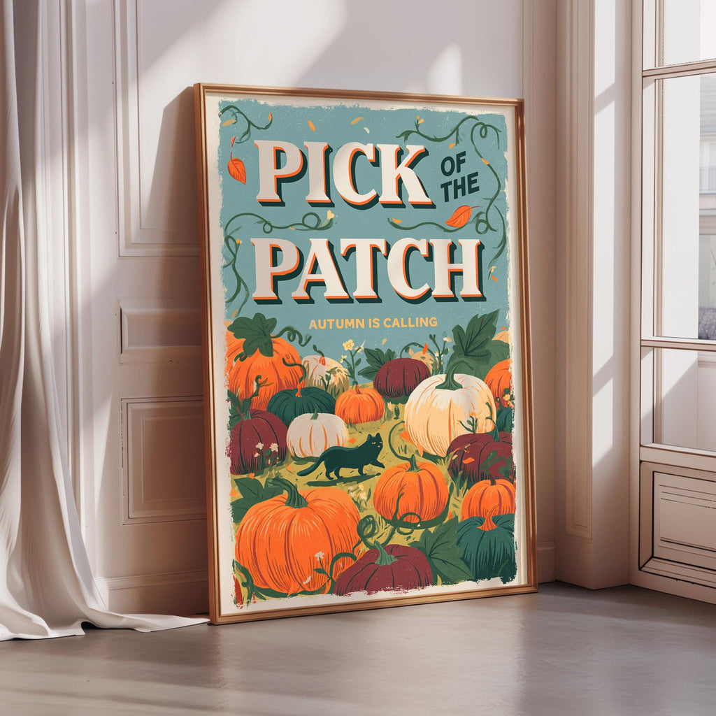 The image is a poster with a vibrant autumn theme, featuring a variety of pumpkins and other fall-themed elements.