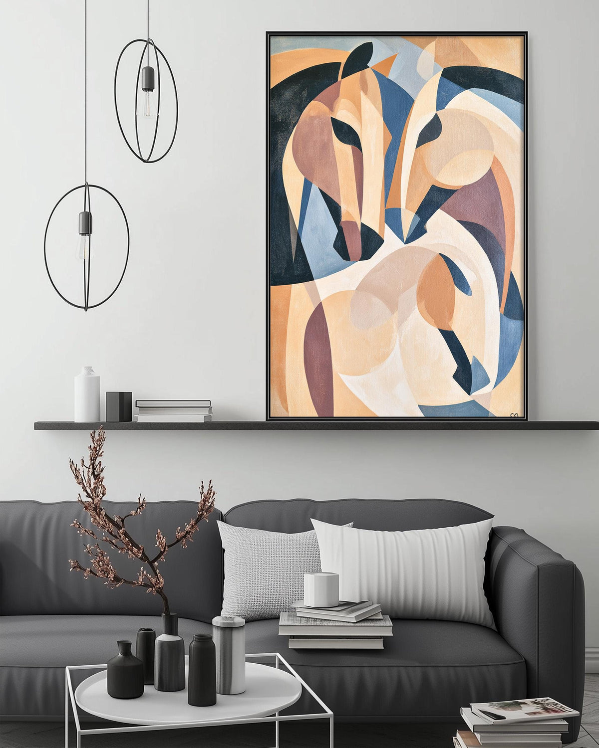 a modern living room with a gray sofa, a coffee table, and a large abstract painting hanging on the wall above the sofa.