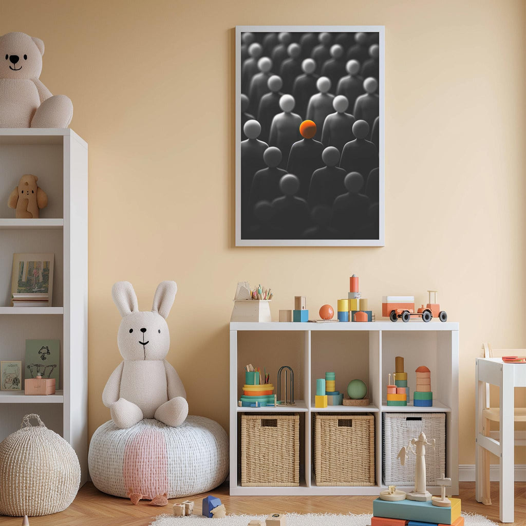A cozy children's room with a white rabbit sitting on a bean bag chair, surrounded by various toys and storage bins. A framed black and white image of a crowd of people is displayed on the wall above the storage bins.