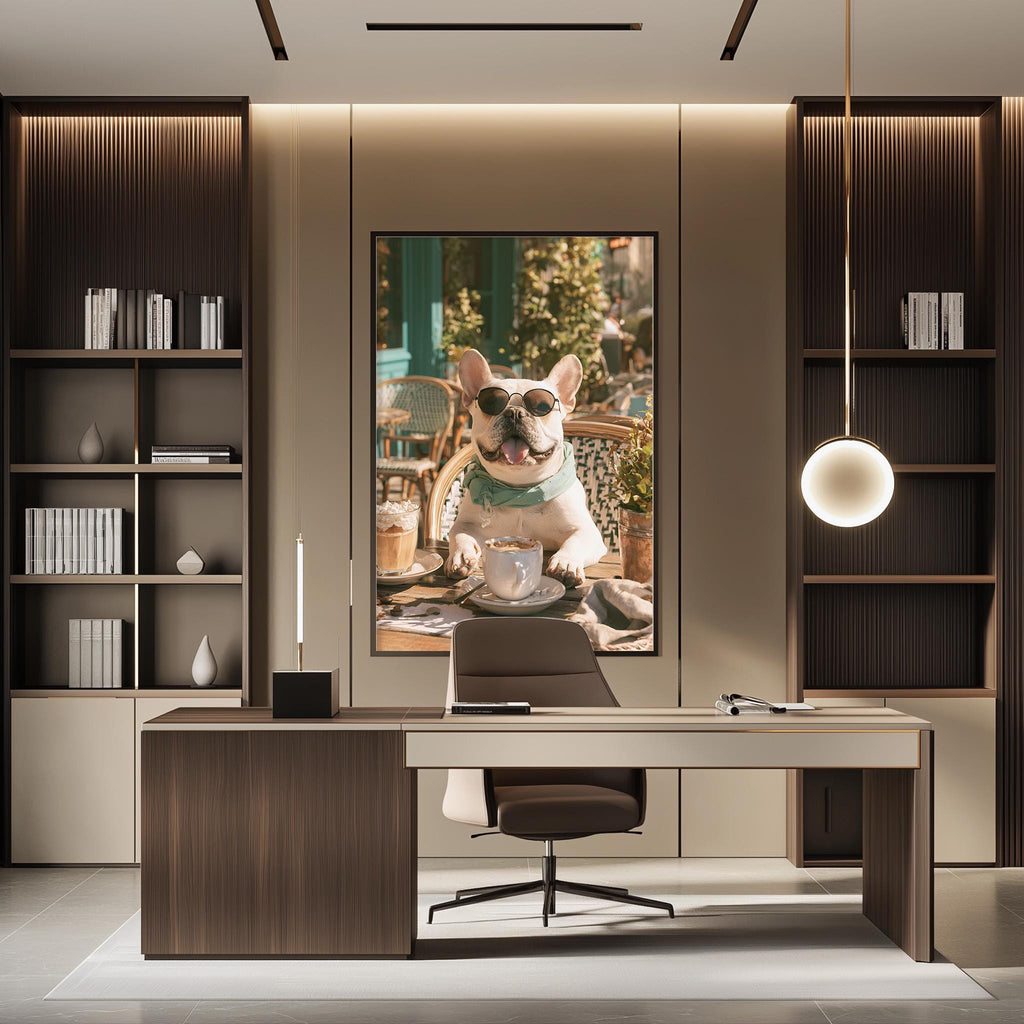 a modern office space with a large framed picture of a dog sitting at a table, wearing sunglasses and holding a cup of coffee. The office has a wooden desk, a chair, and a bookshelf with various books and decorative items.