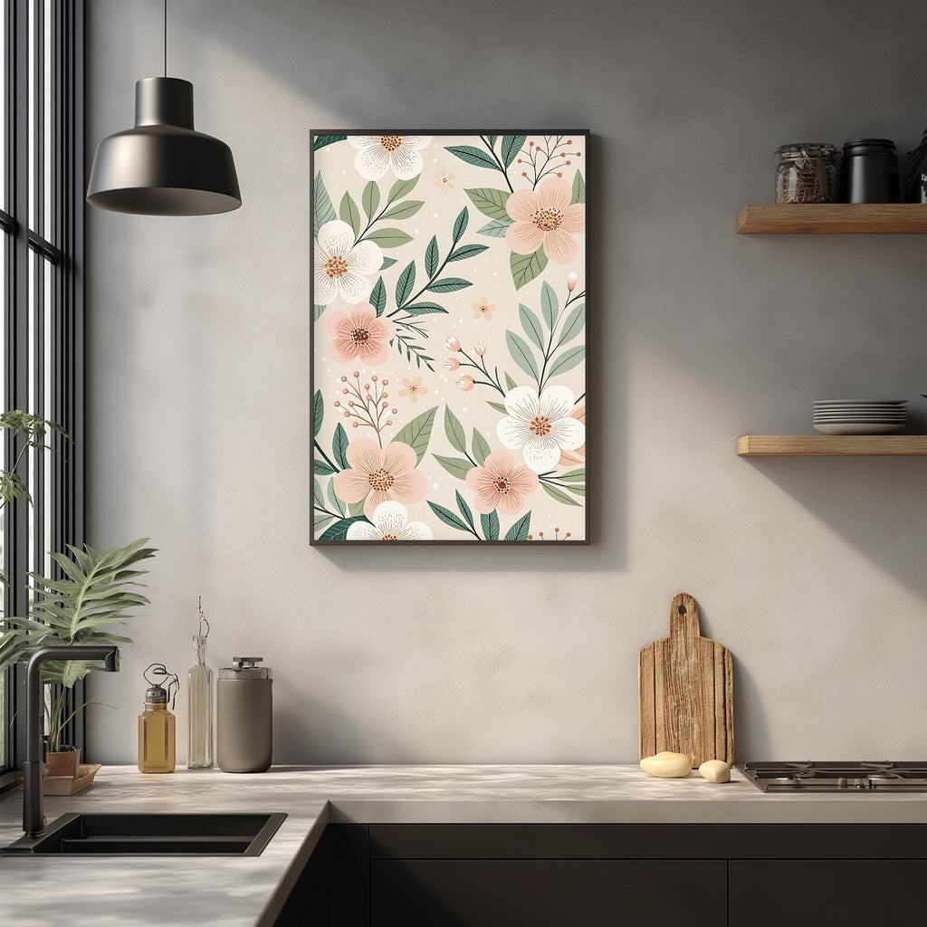 a kitchen counter with a framed floral print hanging above it, a wooden cutting board, and various kitchen accessories such as a soap dispenser and a bottle.
