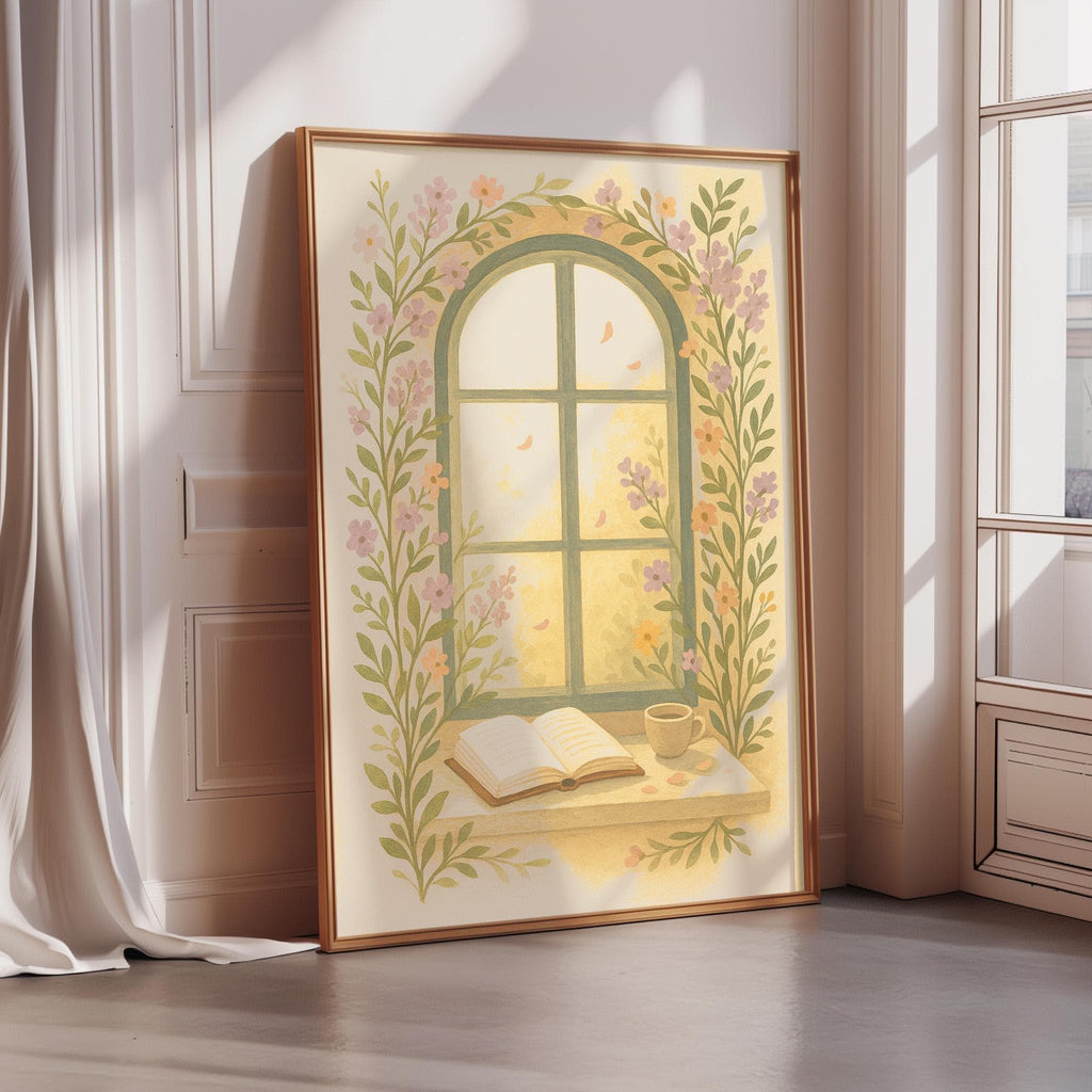 A framed painting depicting a window with a floral arch, a book, and a cup on a windowsill, set against a white wall.