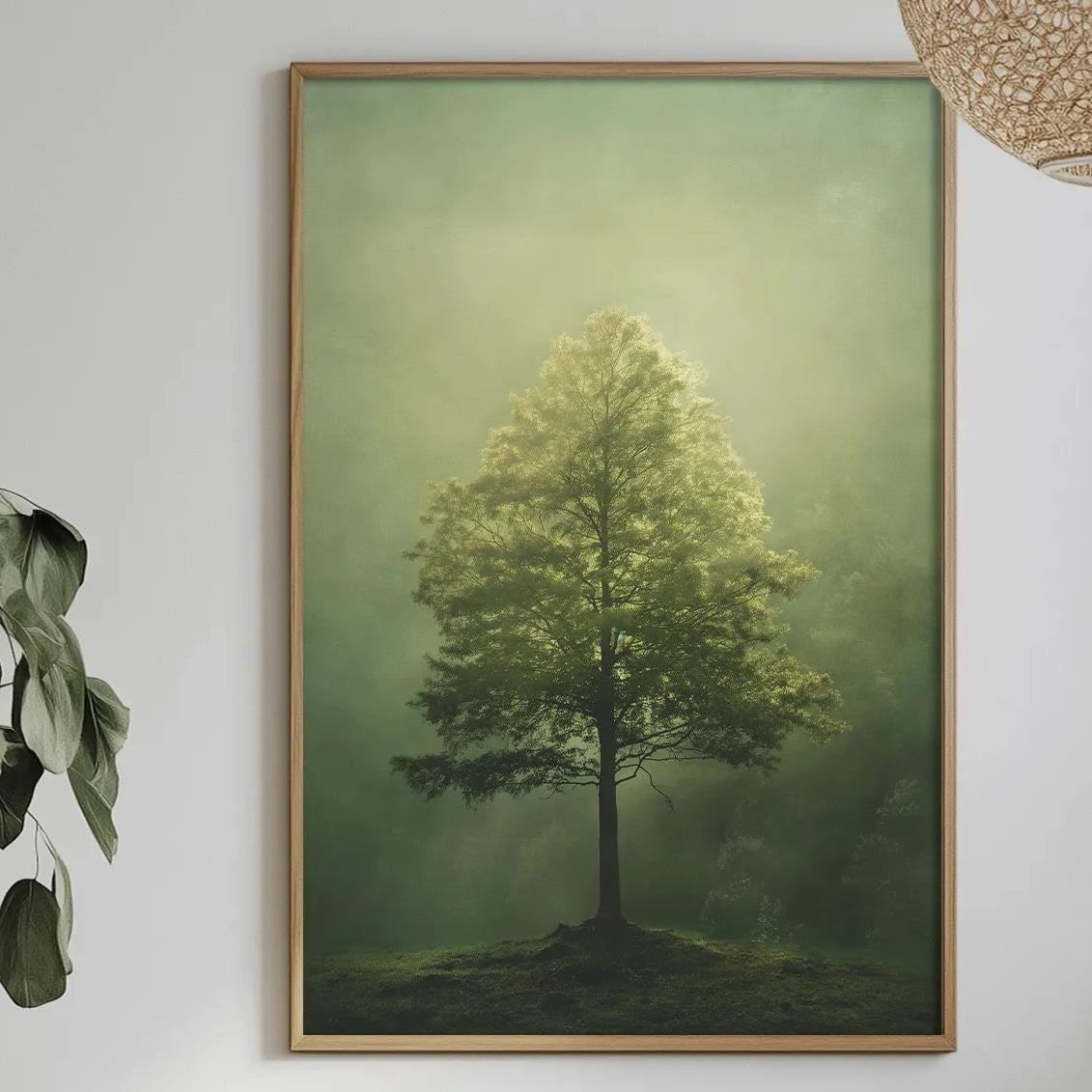 a serene indoor setting with a large painting of a tree hanging on the wall, a dining table with a bowl of fruit, a bottle, and a vase of flowers, and a potted plant on the left side of the room.