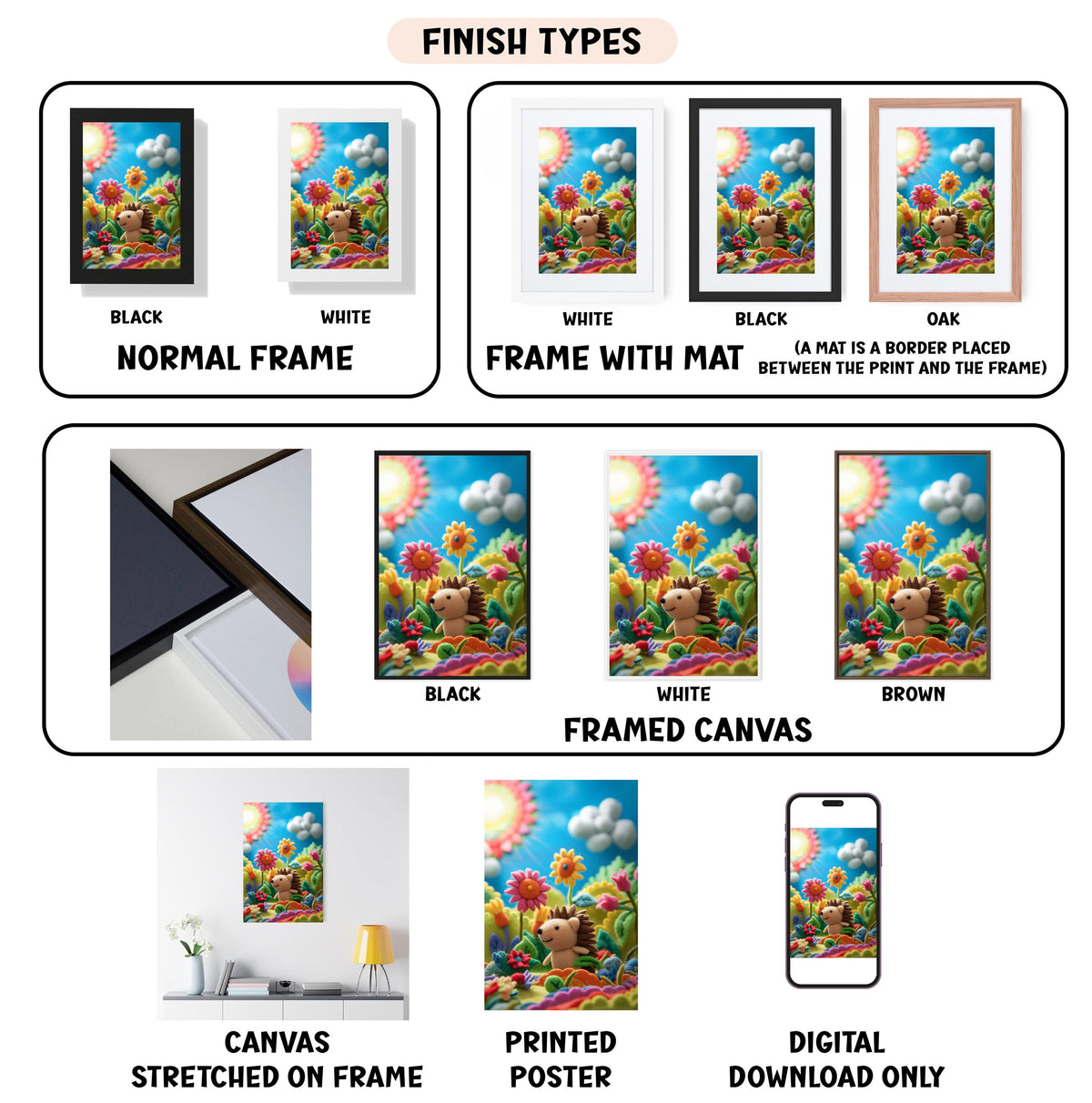 various types of artwork, including paintings, framed prints, and digital art, each with different finishes and frame styles.
