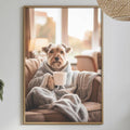a cozy scene of a dog wearing a robe and holding a cup, sitting on a couch in a living room setting.