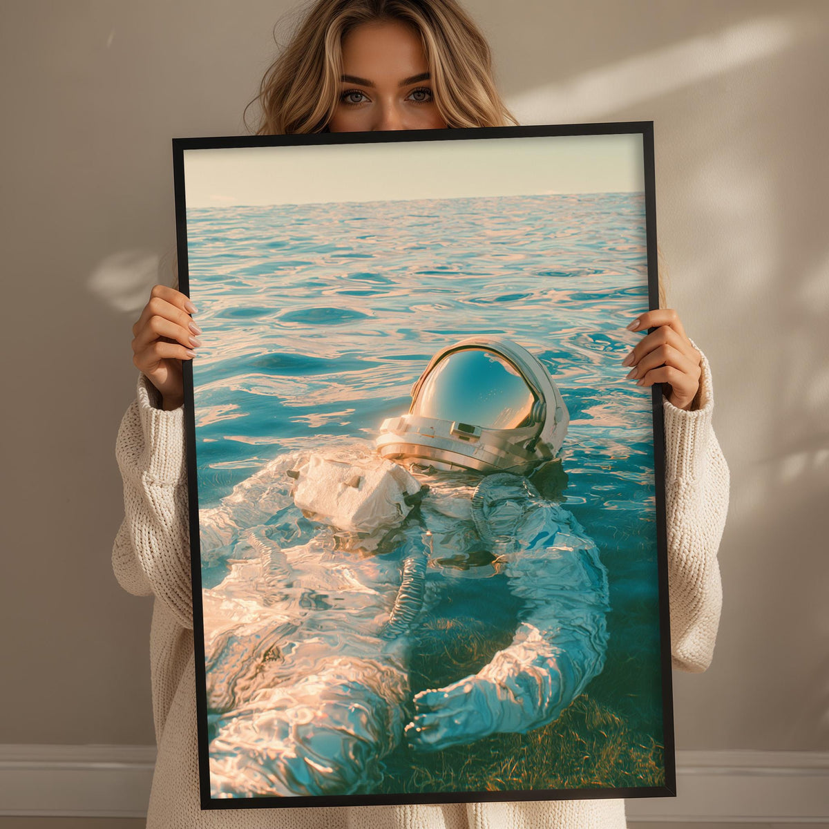 A woman holds up a framed photograph of an astronaut in a blue suit, floating in the ocean.