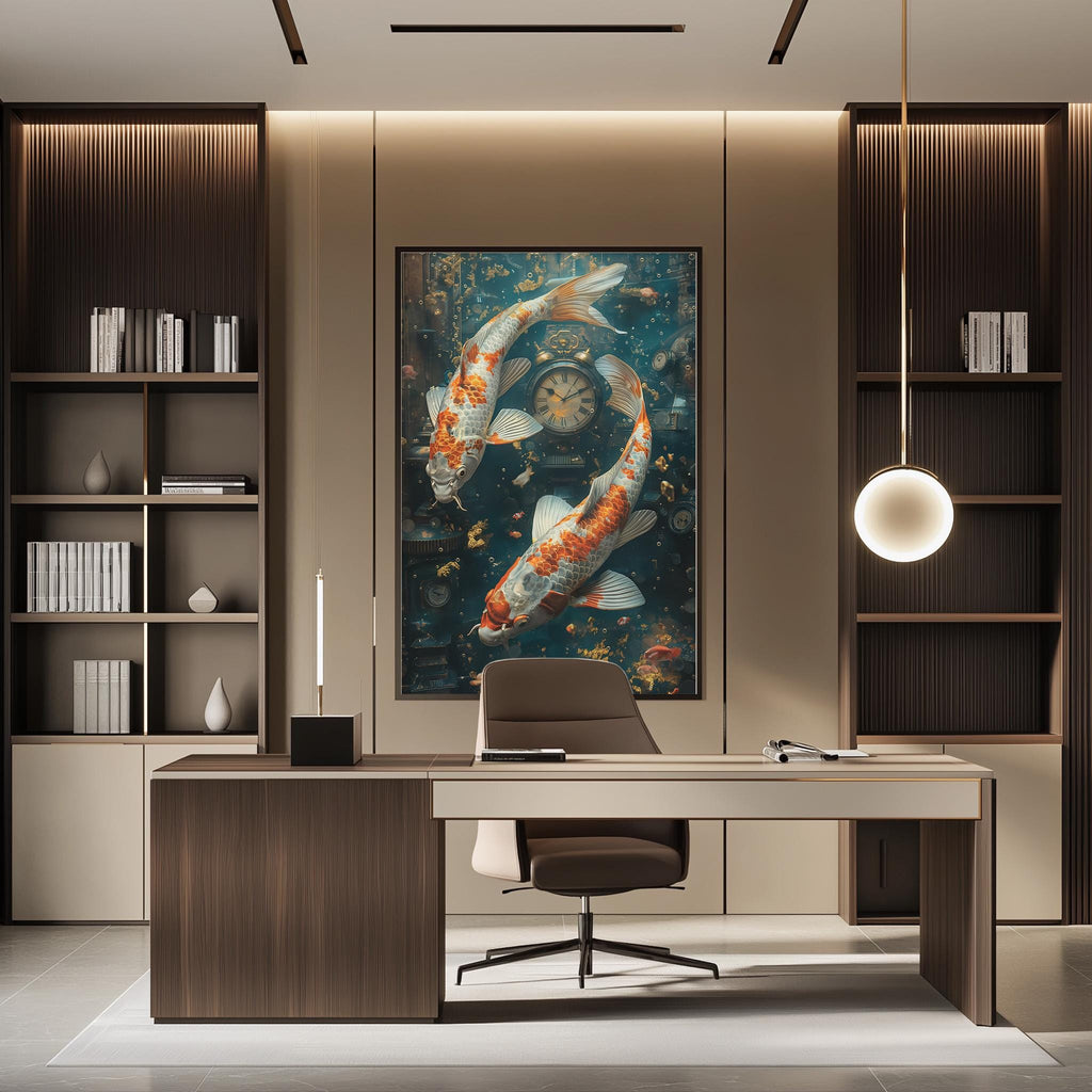 a modern and stylish office space with a large painting of two koi fish swimming in a pond as the focal point. The office features a wooden desk, a comfortable chair, and a bookshelf filled with books and decorative items. The overall design and decor create a serene and tranquil atmosphere.
