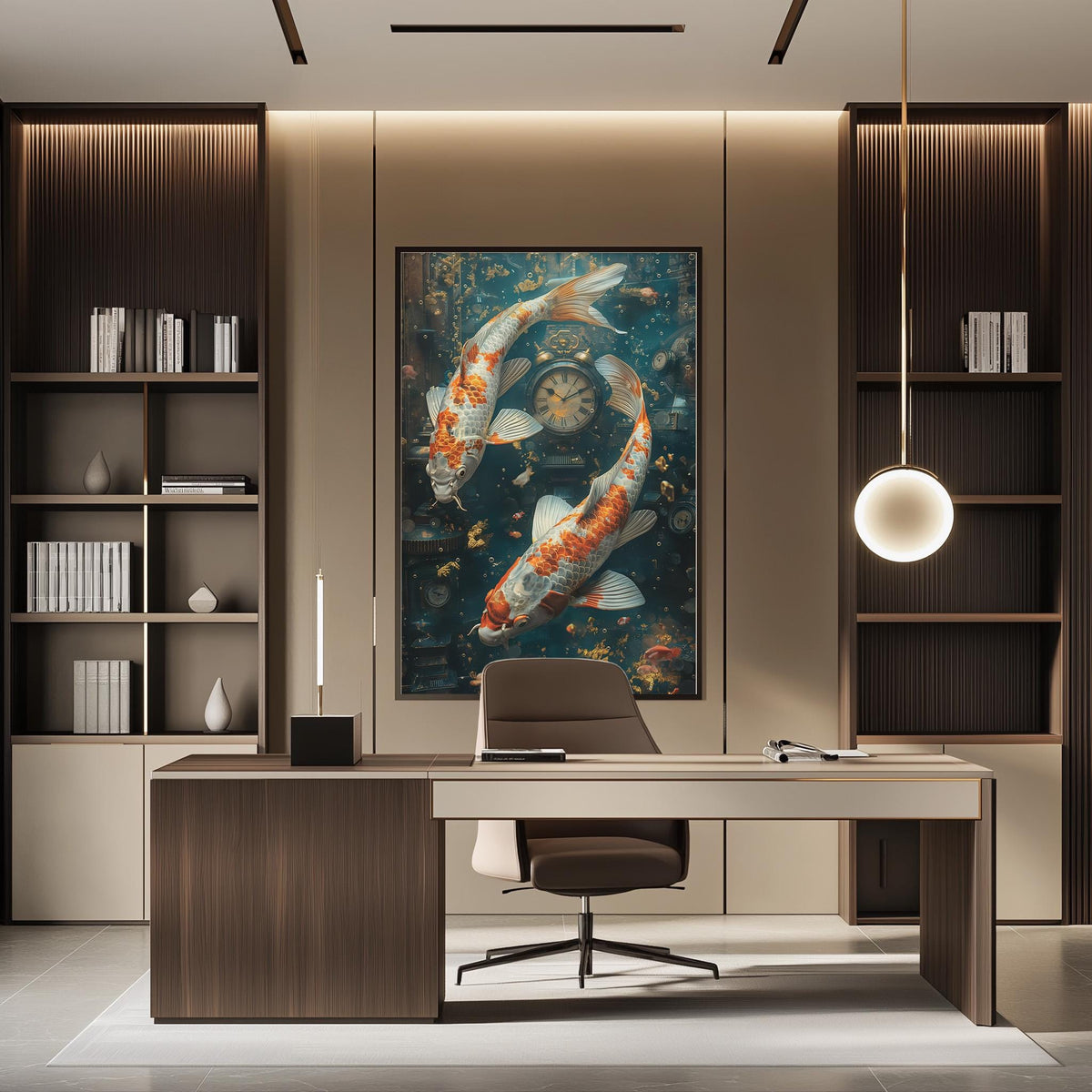 a modern and stylish office space with a large painting of two koi fish swimming in a pond as the focal point. The office features a wooden desk, a comfortable chair, and a bookshelf filled with books and decorative items. The overall design and decor create a serene and tranquil atmosphere.