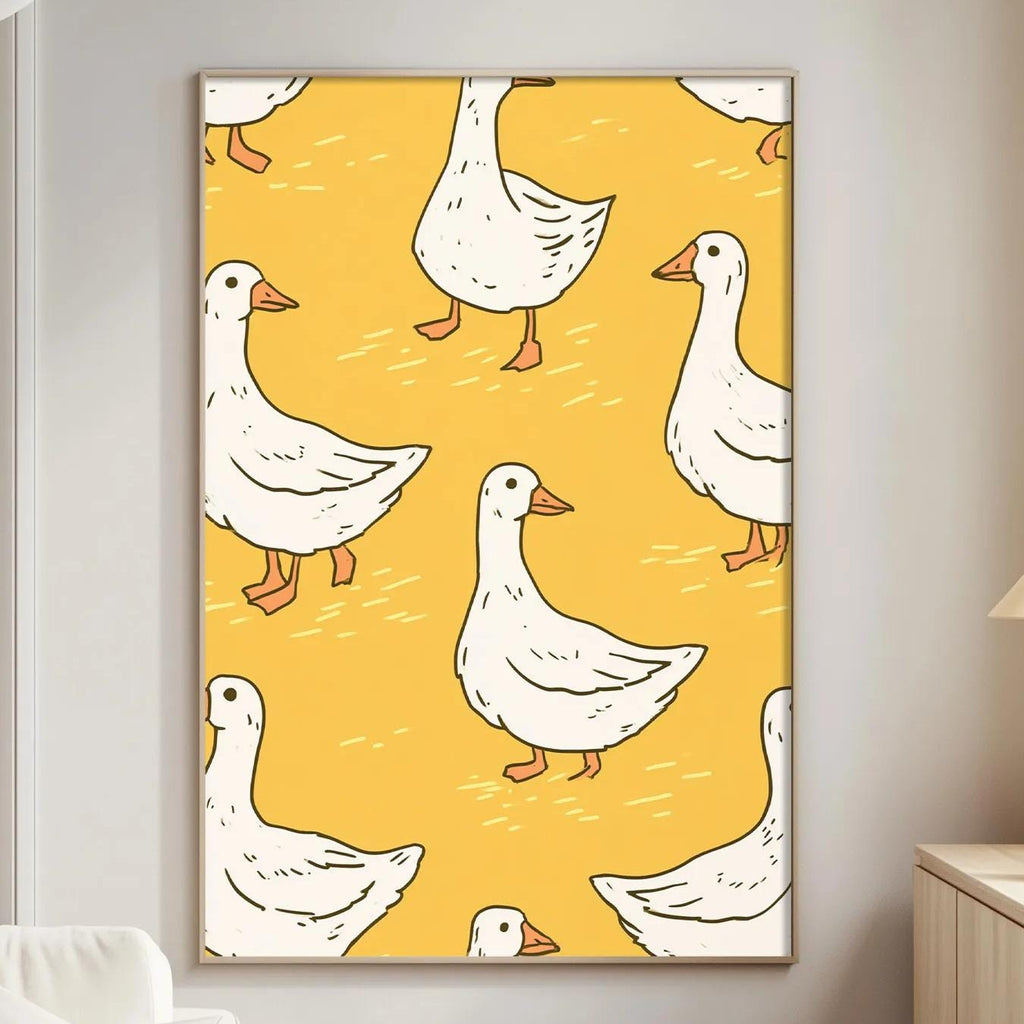 a cozy living room with a large, vibrant yellow wall art depicting a pattern of white ducks. The room is furnished with a white sofa, a wooden side table, and a lamp, creating a warm and inviting atmosphere.