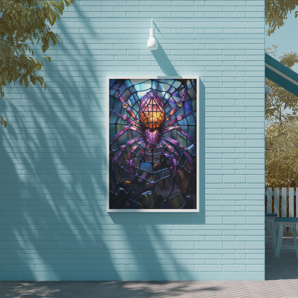 a large, colorful stained glass window with a spider design, mounted on a blue wall.