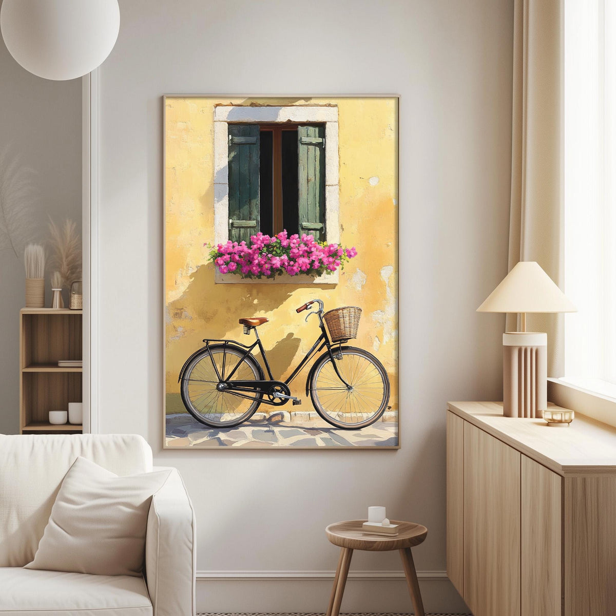 a cozy living room with a large painting of a bicycle parked in front of a yellow wall with a window and flower box.