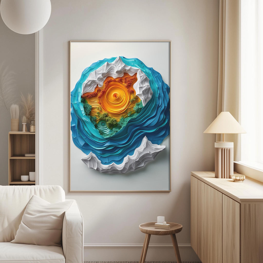 a large, colorful, abstract artwork hanging on a wall in a living room.