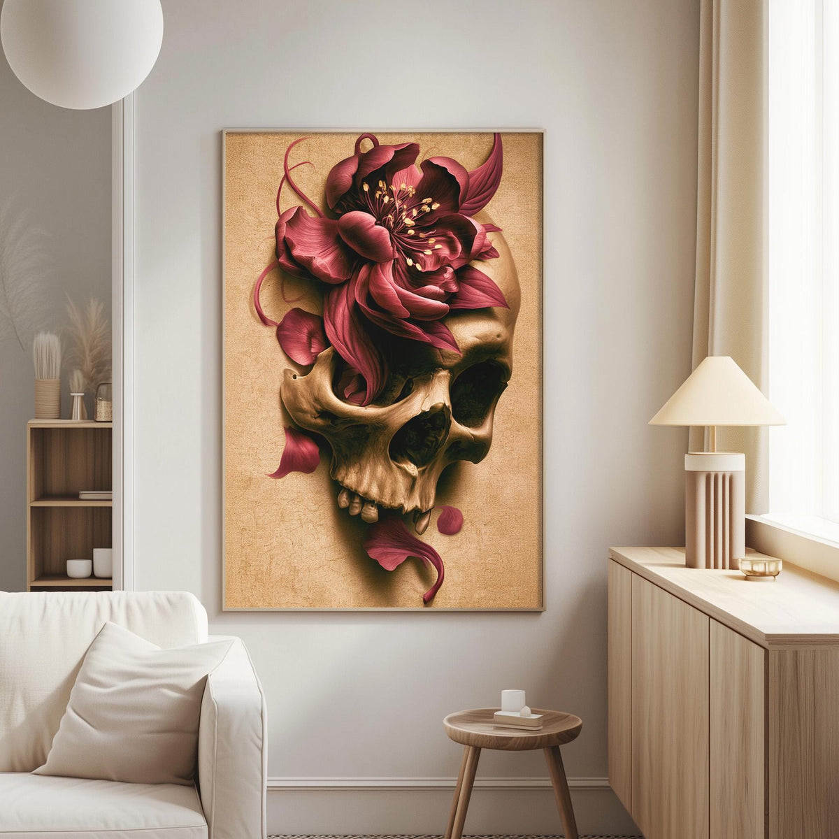 a large framed artwork of a skull with a red flower on its forehead, hanging on a wall in a living room setting.