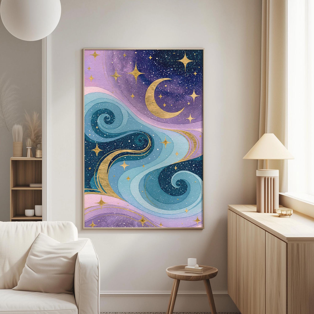 a large, colorful painting of a night sky with swirling clouds and stars, hanging on a wall in a living room.