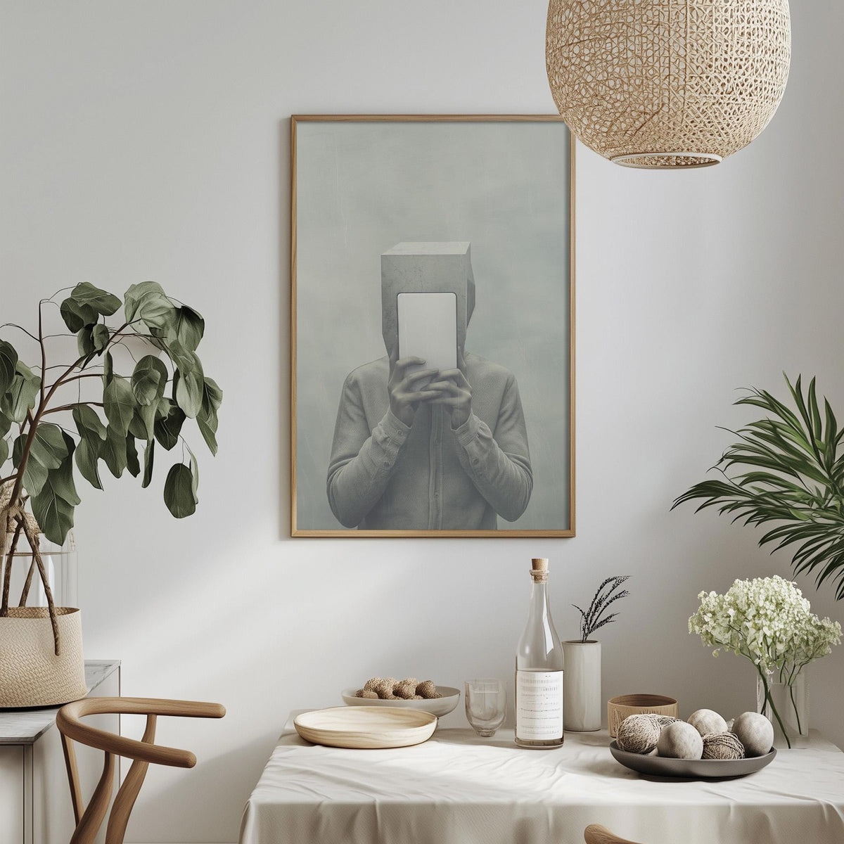 a dining table with a white tablecloth, a bowl of fruit, a bottle, and a vase with flowers. Above the table, there is a framed picture of a person holding a box. The table is set with a potted plant, a vase with flowers, and a bowl of fruit.
