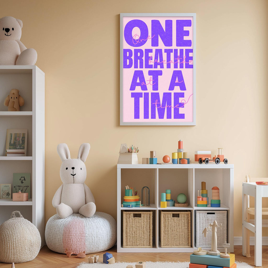 A child's bedroom with a large poster on the wall that says "ONE BREEZE AT A TIME". The room is filled with various toys, including stuffed animals, and has a bookshelf and storage bins.
