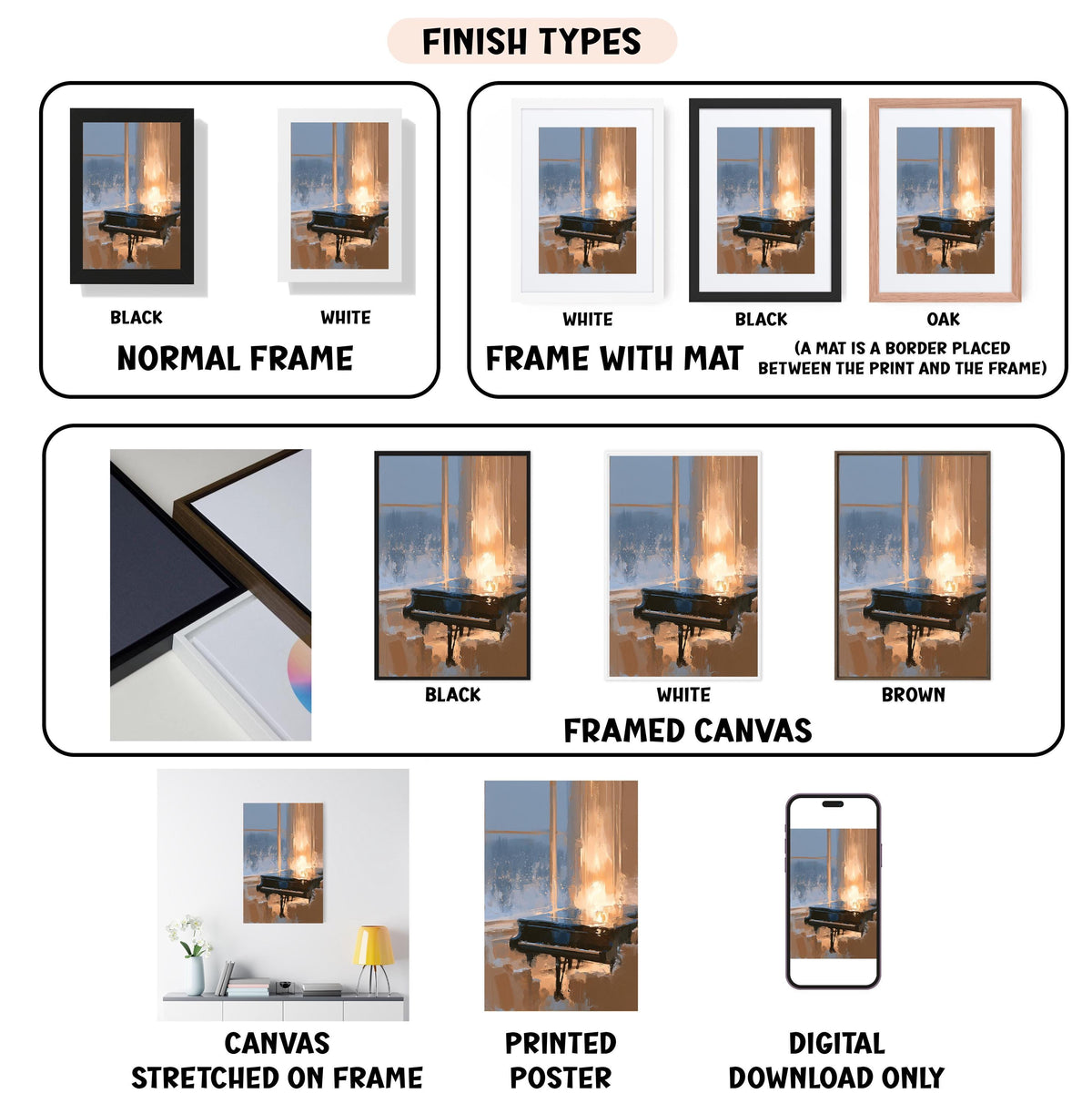 various finish types for framed artwork, including canvas, stretched on frame, framed canvas, printed poster, and digital download only.