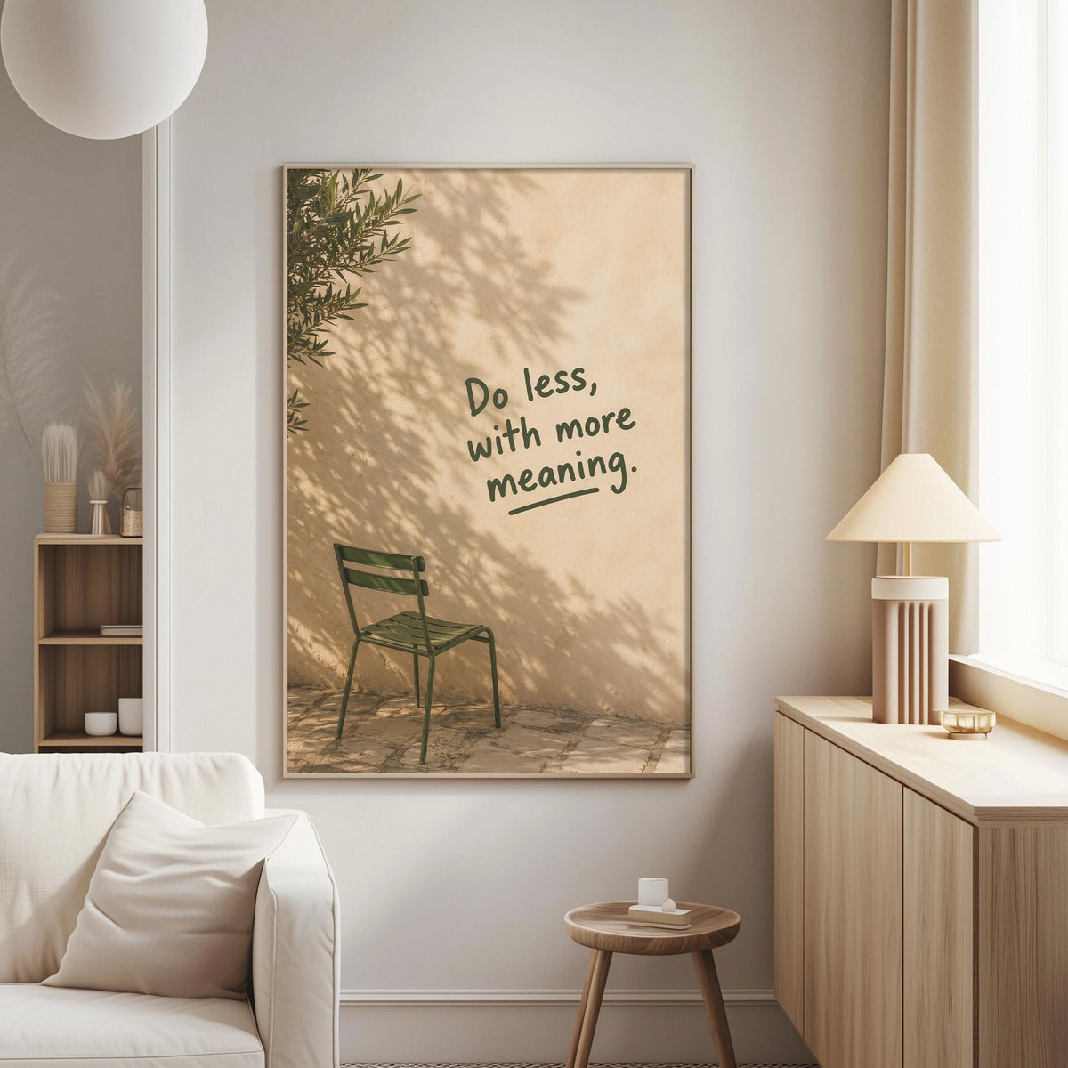 a living room with a large framed poster on the wall that says "Do less, with more meaning."