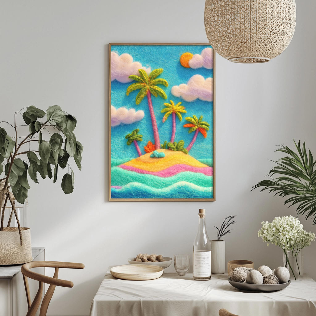 a vibrant, hand-painted tropical island scene with palm trees, a sandy beach, and a clear blue sky with fluffy white clouds. The painting is hung on a white wall above a dining table, which is set with various items such as a bottle, a vase, and a bowl. The overall atmosphere of the scene is cheerful and inviting, with the colorful painting serving as a focal point in the room.
