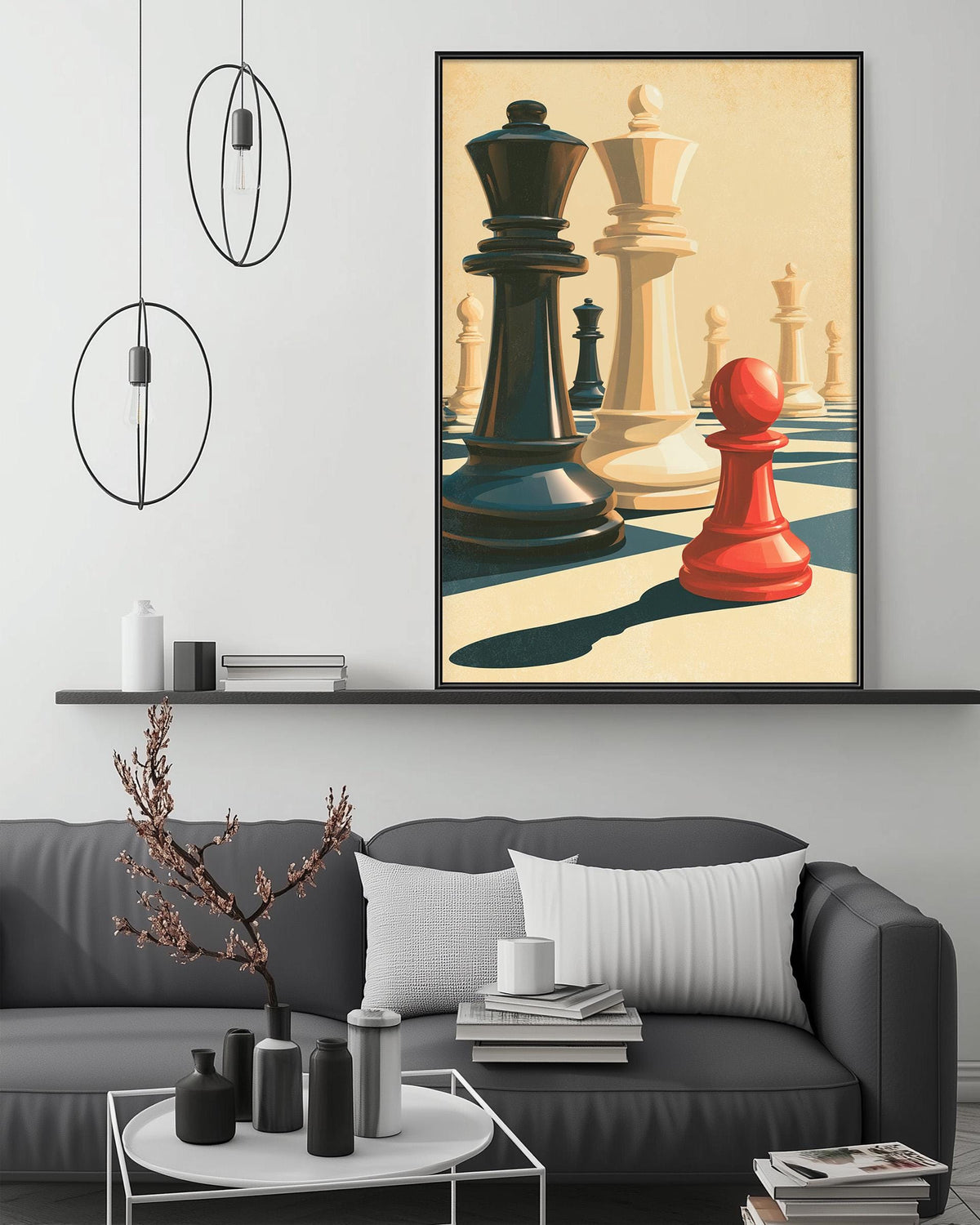 a modern living room with a gray sofa, a coffee table, and a large framed artwork depicting chess pieces on a chessboard.