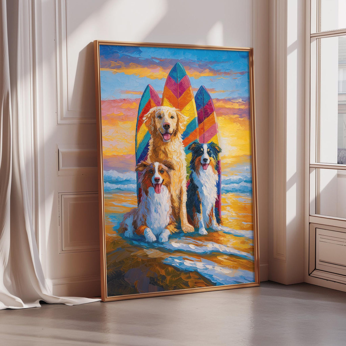 A framed painting depicting three dogs sitting on a beach with surfboards, set against a colorful sunset sky.