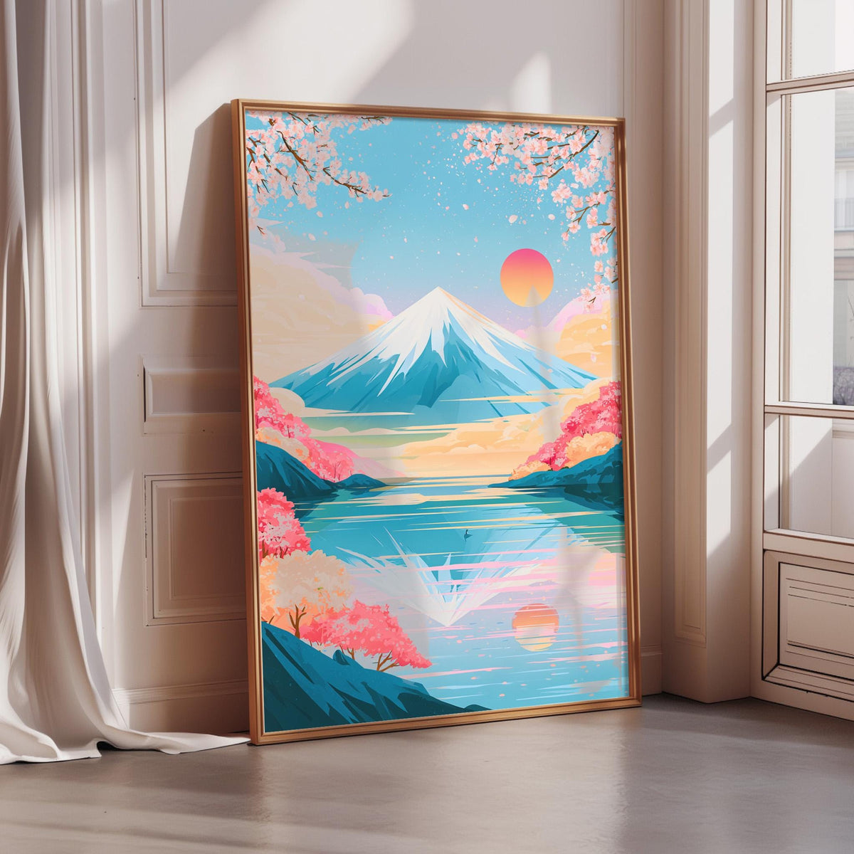 A large framed poster depicting a serene landscape with a mountain, a lake, and colorful flowers in the foreground, with a sunset in the background.