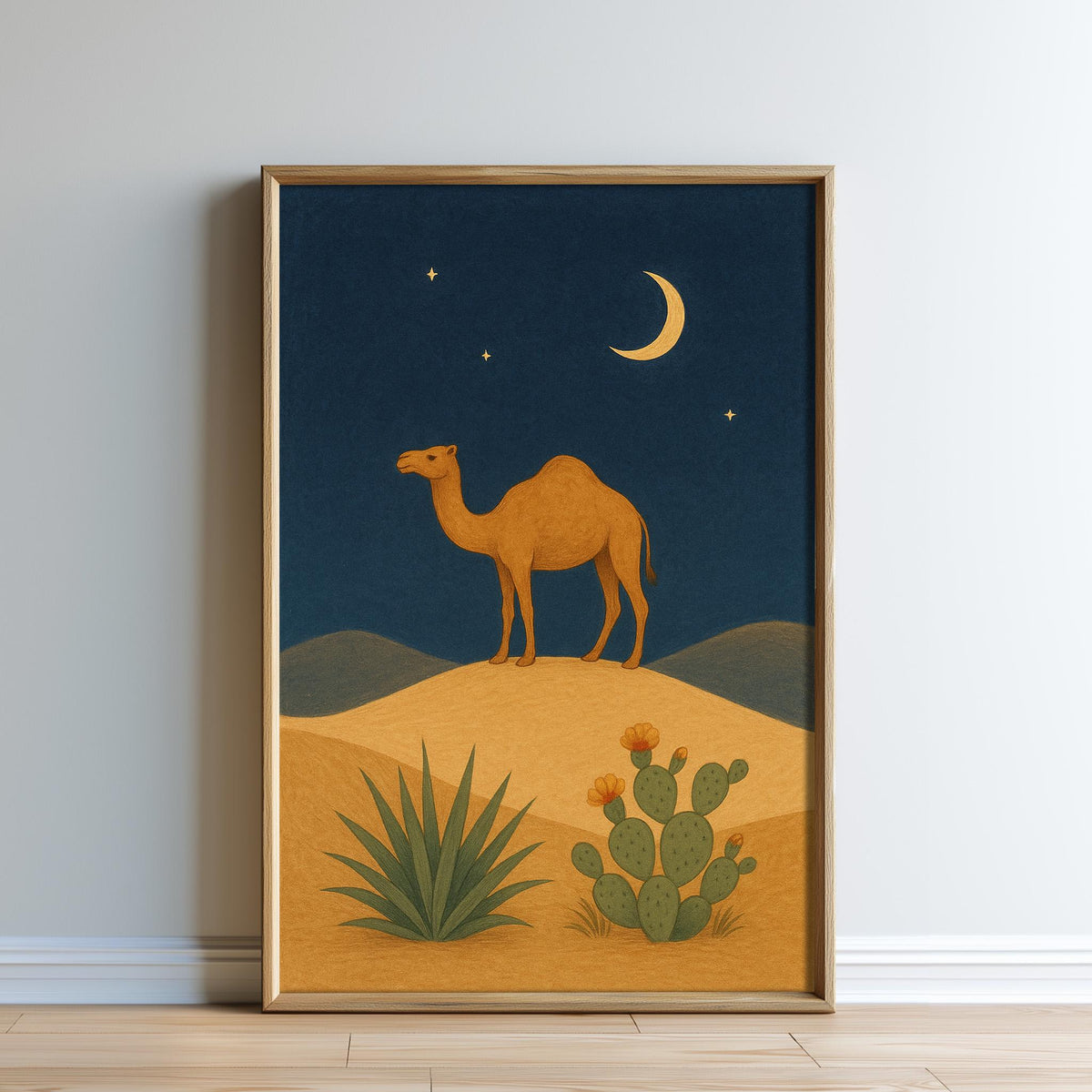 a camel standing on a sandy desert landscape under a starry night sky with a crescent moon.