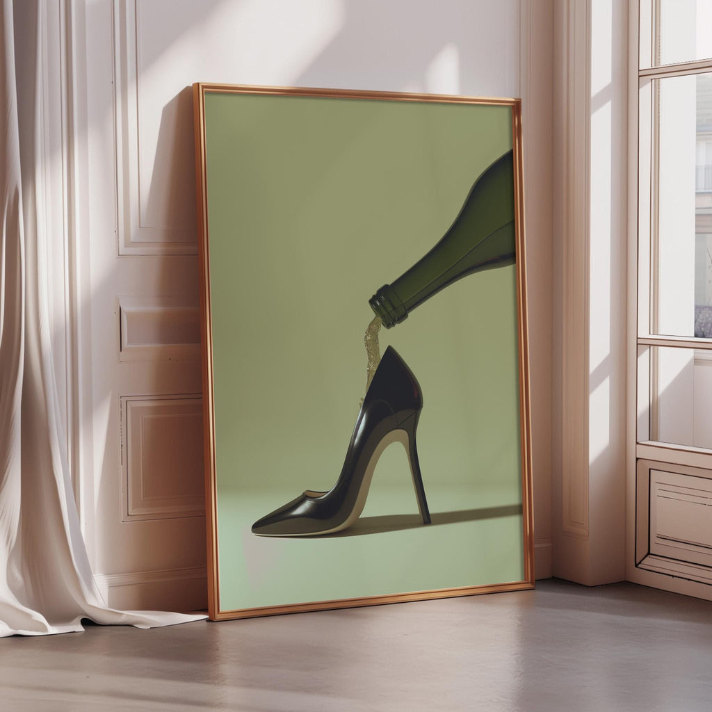 A framed poster of a high-heeled shoe with a bottle of wine pouring out of it, displayed on a wall in a room with a window.