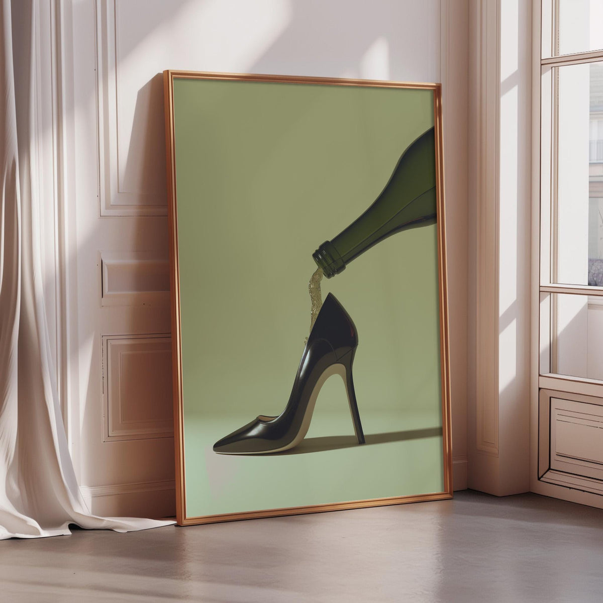 A framed poster of a high-heeled shoe with a bottle of wine pouring out of it, displayed on a wall in a room with a window.