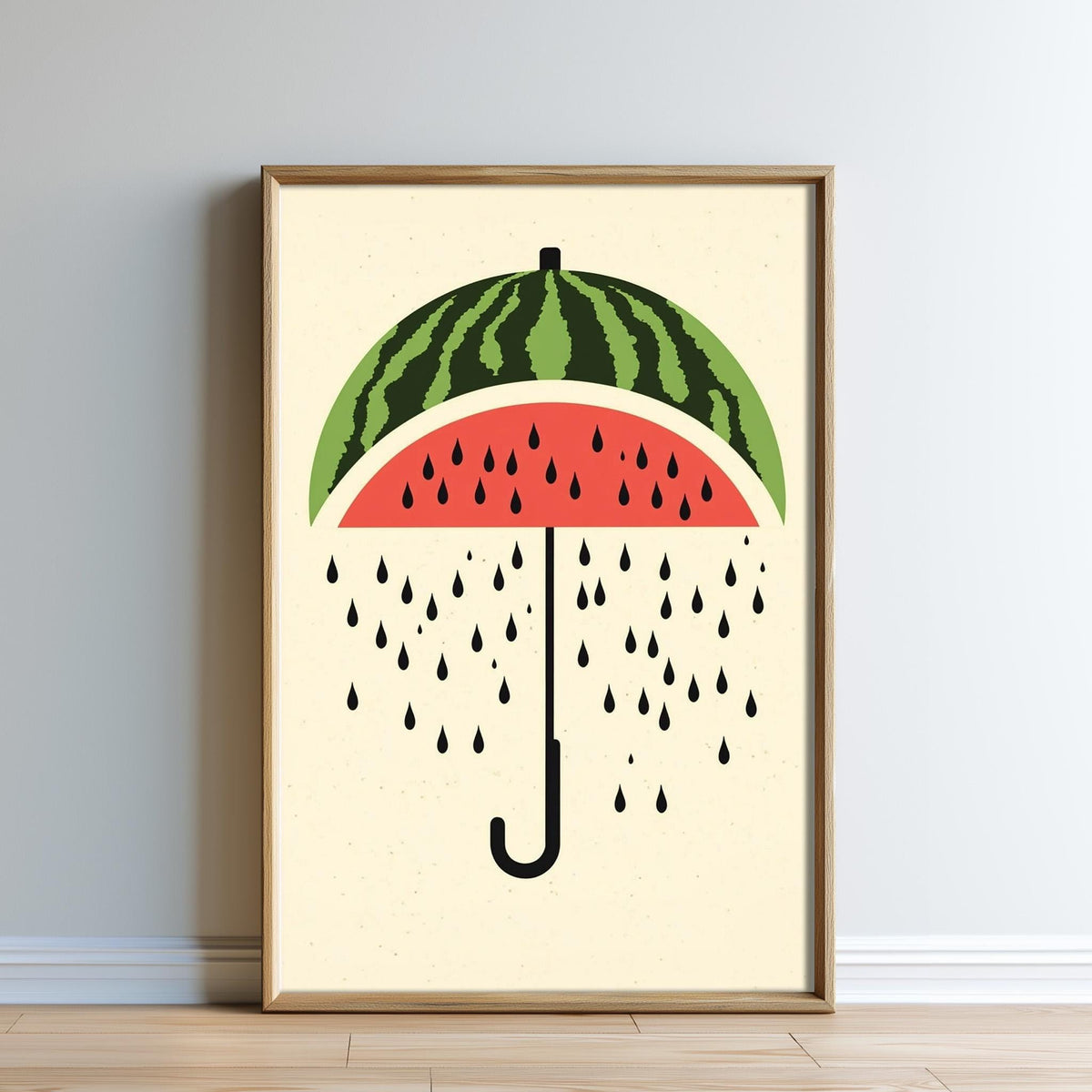 The image is a framed poster featuring a stylized watermelon with a green stem and a red interior, with raindrops falling from the top of the watermelon.