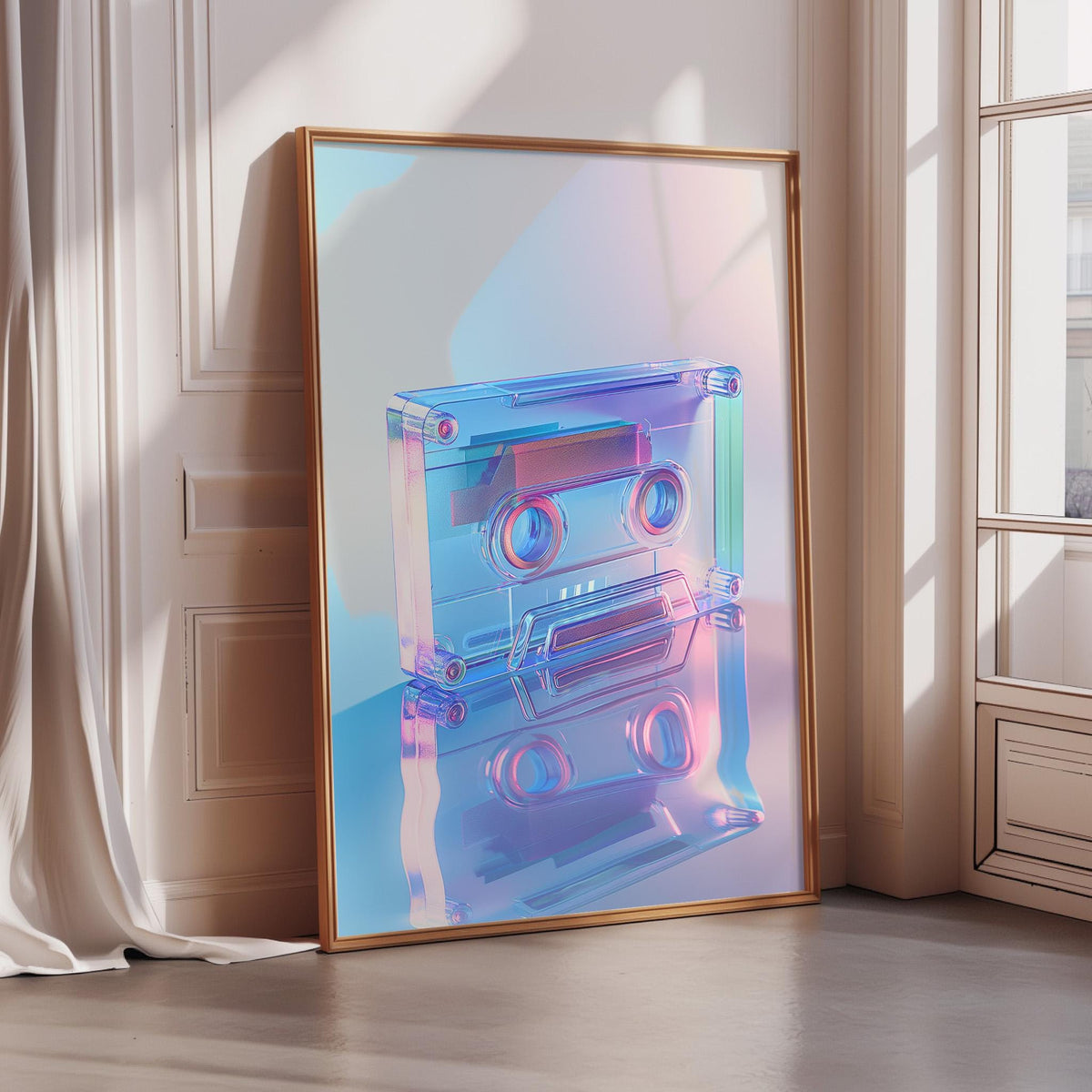 a large framed artwork depicting a colorful abstract representation of a cassette tape or record player.