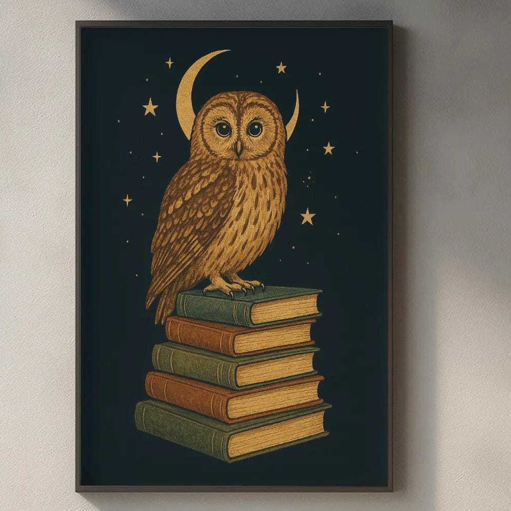 a kitchen counter with various items on it, including a framed illustration of an owl perched on a stack of books, a wooden cutting board, and a potted plant.