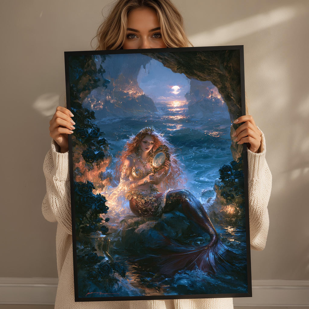 A woman holds up a framed painting depicting a mermaid with long, flowing hair and a golden crown, surrounded by a fantastical underwater landscape with a glowing moon and a waterfall.