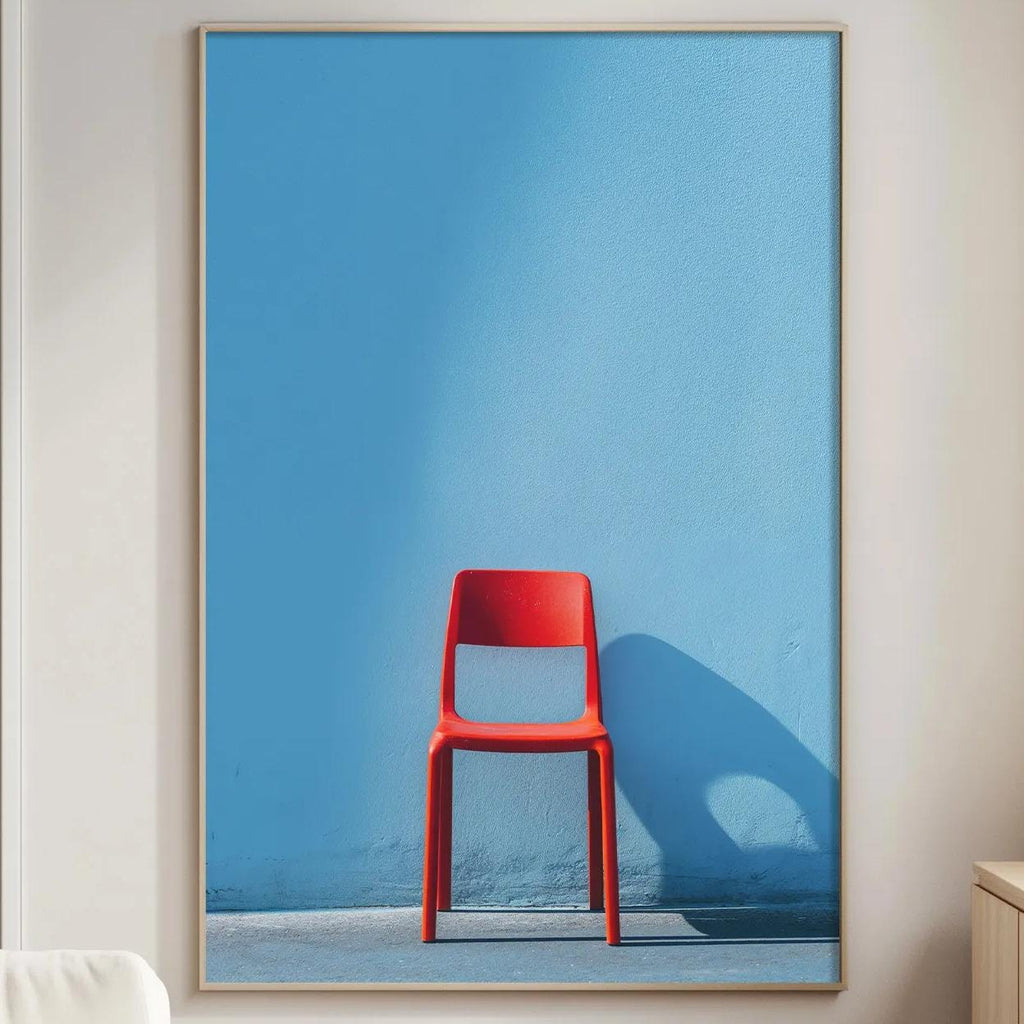 a living room with a white sofa, a red chair, and a wooden sideboard. A large framed picture of a red chair is hanging on the wall, and a lamp is placed on the sideboard.