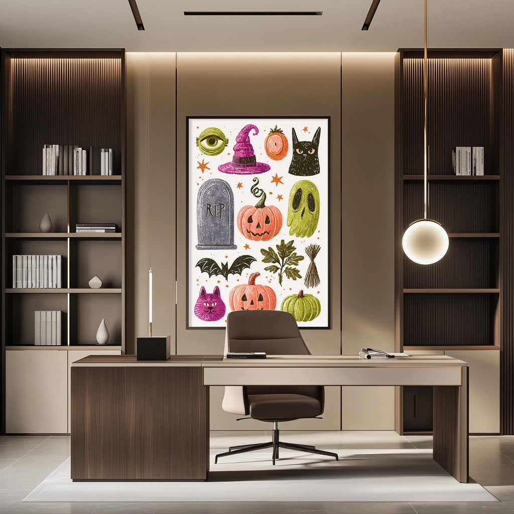 a modern office space with a large, colorful poster of Halloween-themed illustrations on the wall behind a desk. The desk has a chair and a lamp, creating a cozy and creative atmosphere.