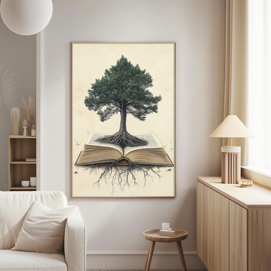 a large framed artwork depicting a tree with roots emerging from an open book, creating a unique and imaginative scene.