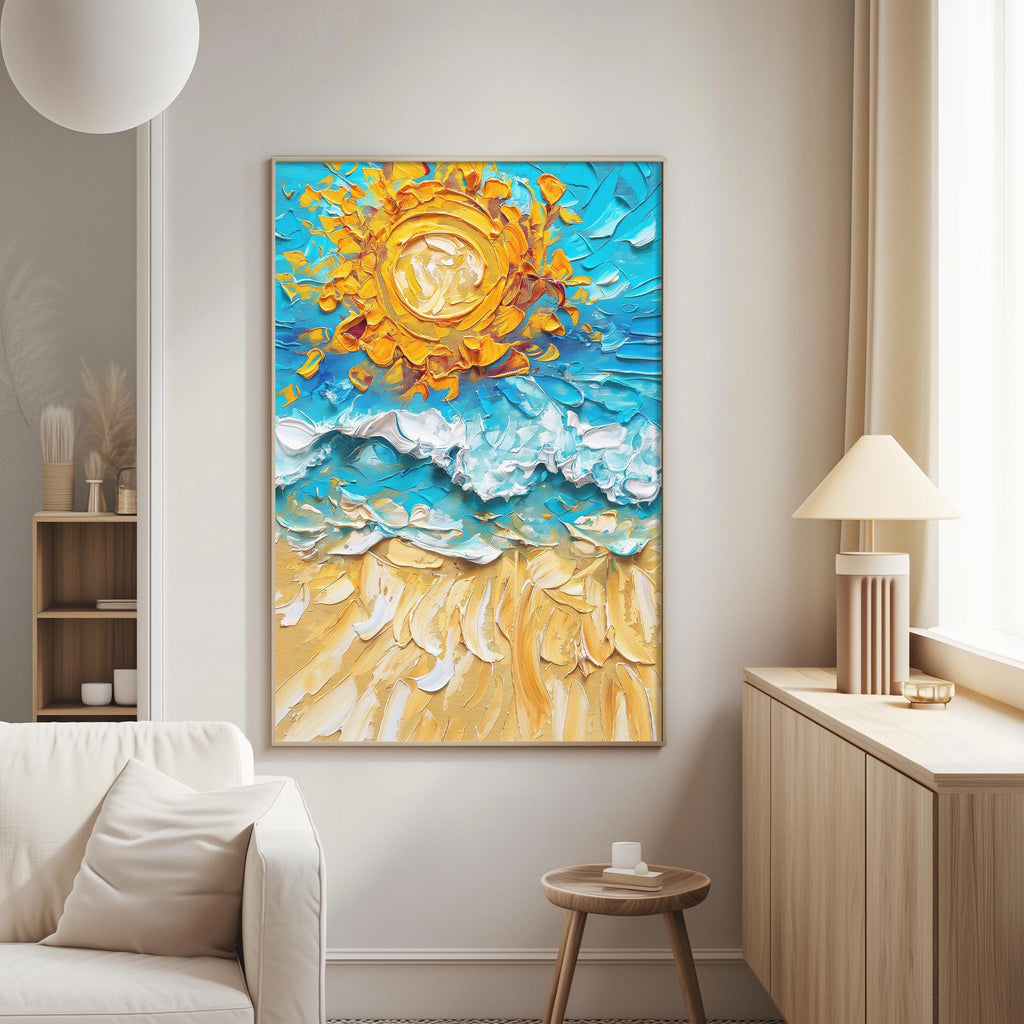 a large, vibrant painting of a beach scene with a sun and waves, hanging on a wall in a living room.