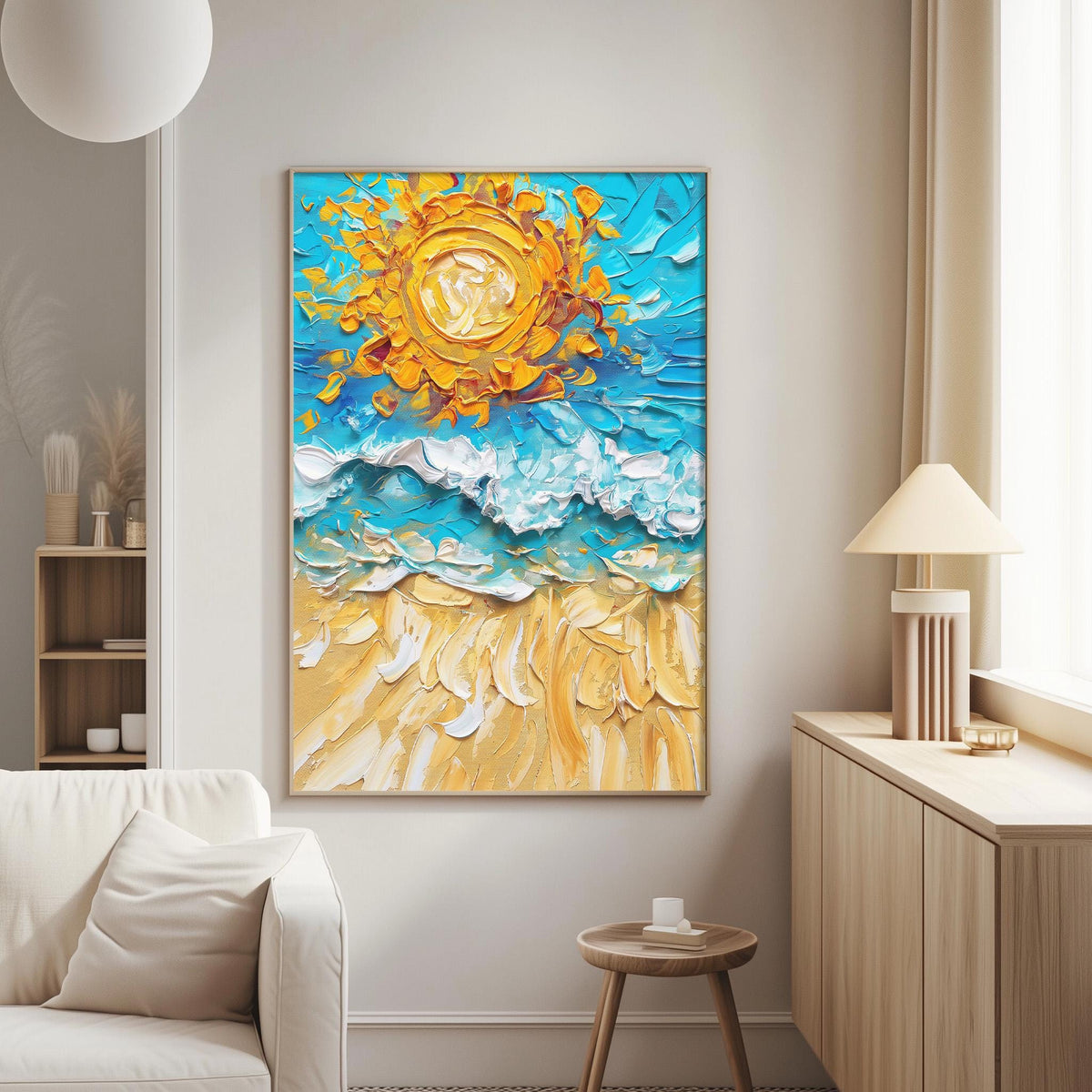 a large, vibrant painting of a beach scene with a sun and waves, hanging on a wall in a living room.