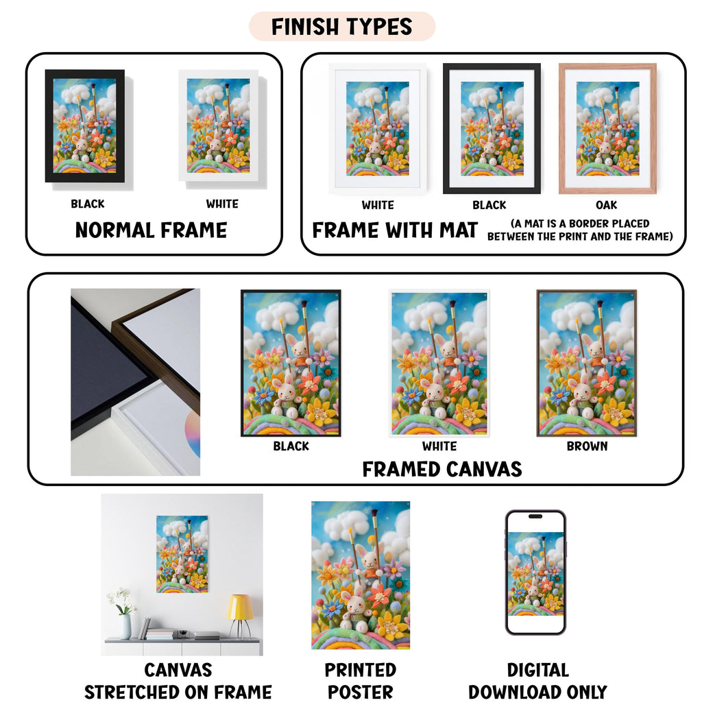 various types of framed artwork, including paintings and posters, with different finishes and mat colors. It also includes images of a canvas stretched on a frame, a framed canvas, and a digital download of a poster.