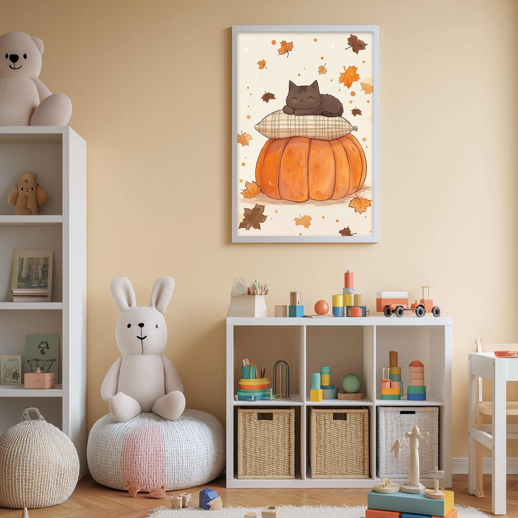 A cozy and colorful children's bedroom with a white bookshelf, a plush rabbit, and a pumpkin-themed artwork on the wall.