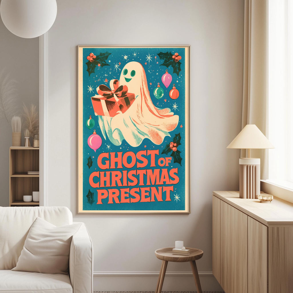 a poster of a ghost holding a present, with the text "GHOST OF CHRISTMAS PRESENT" written on it.
