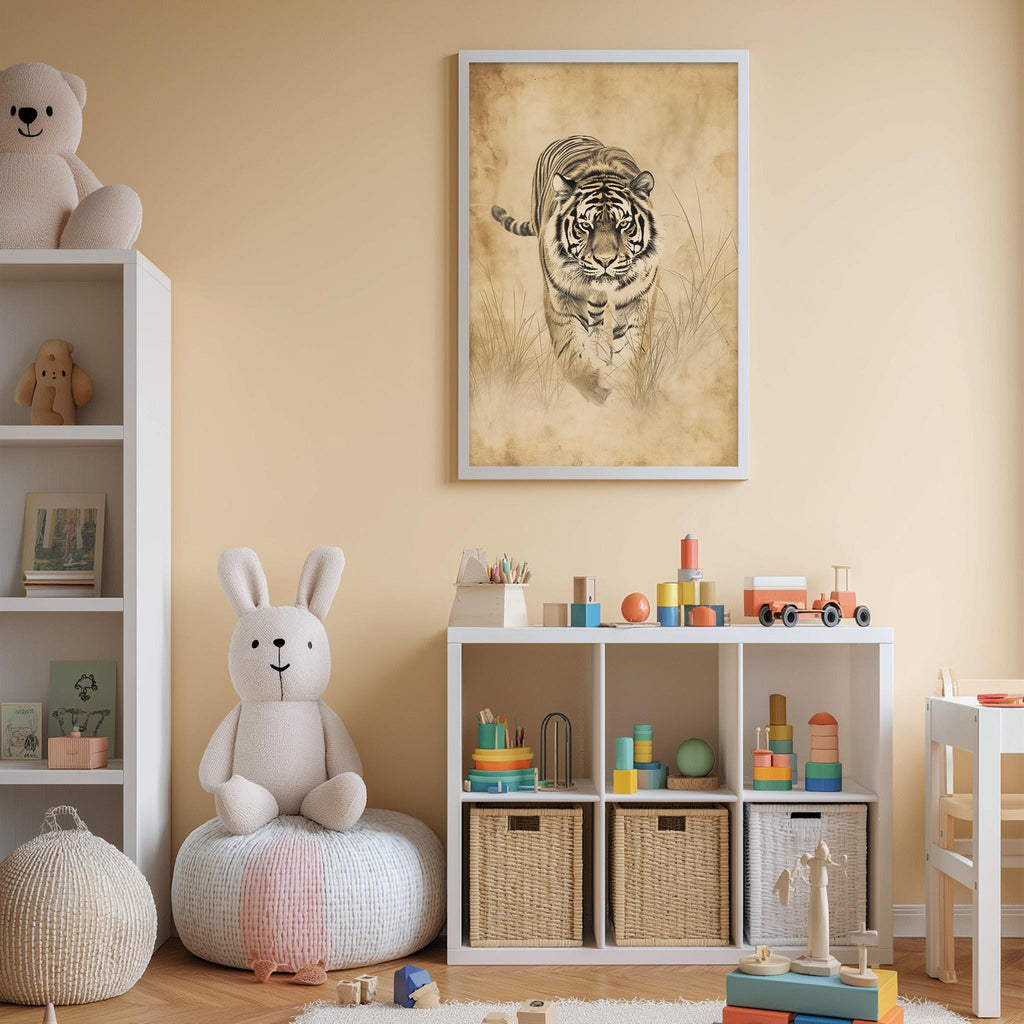 A cozy children's room with a tiger print poster on the wall, a white bookshelf filled with toys, and a plush rabbit sitting on a bean bag chair.