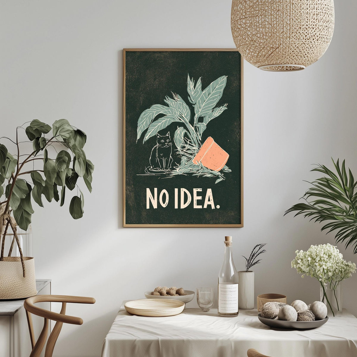 a framed poster with the text "NO IDEA" on it, hanging on a wall above a dining table with various decorative items and plants.