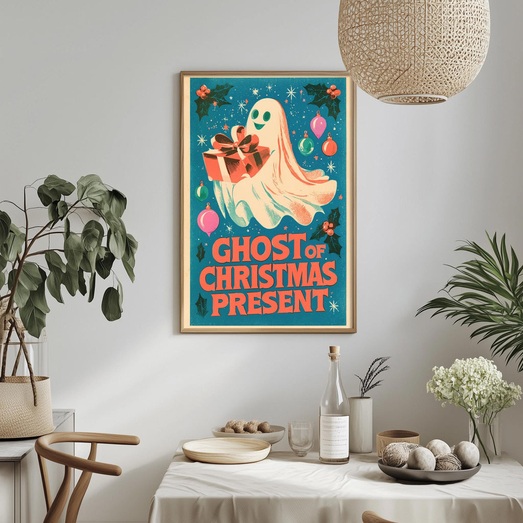 a framed poster of a ghost holding a gift, hanging on a wall above a dining table with various decorative items and plants.