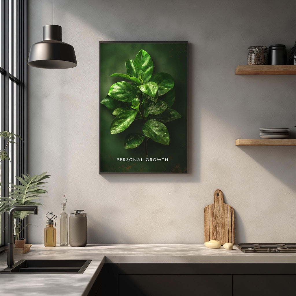 a kitchen counter with a framed picture of a green plant hanging on the wall above it. The plant has large leaves, and the text "Personal Growth" is written below the picture.
