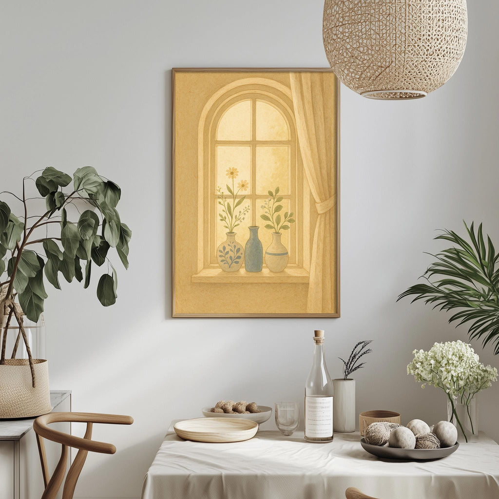 a cozy and inviting dining area with a table set for a meal, featuring a vase of flowers, a bottle of wine, and a bowl of fruit. The room is decorated with potted plants and a hanging light fixture, creating a warm and welcoming atmosphere.