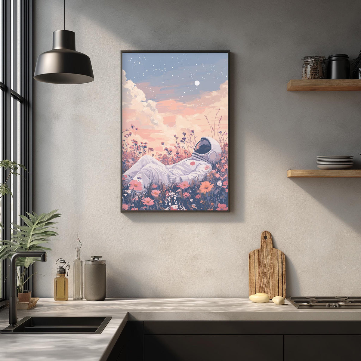 a framed painting of an astronaut lying in a field of flowers, with a night sky in the background.
