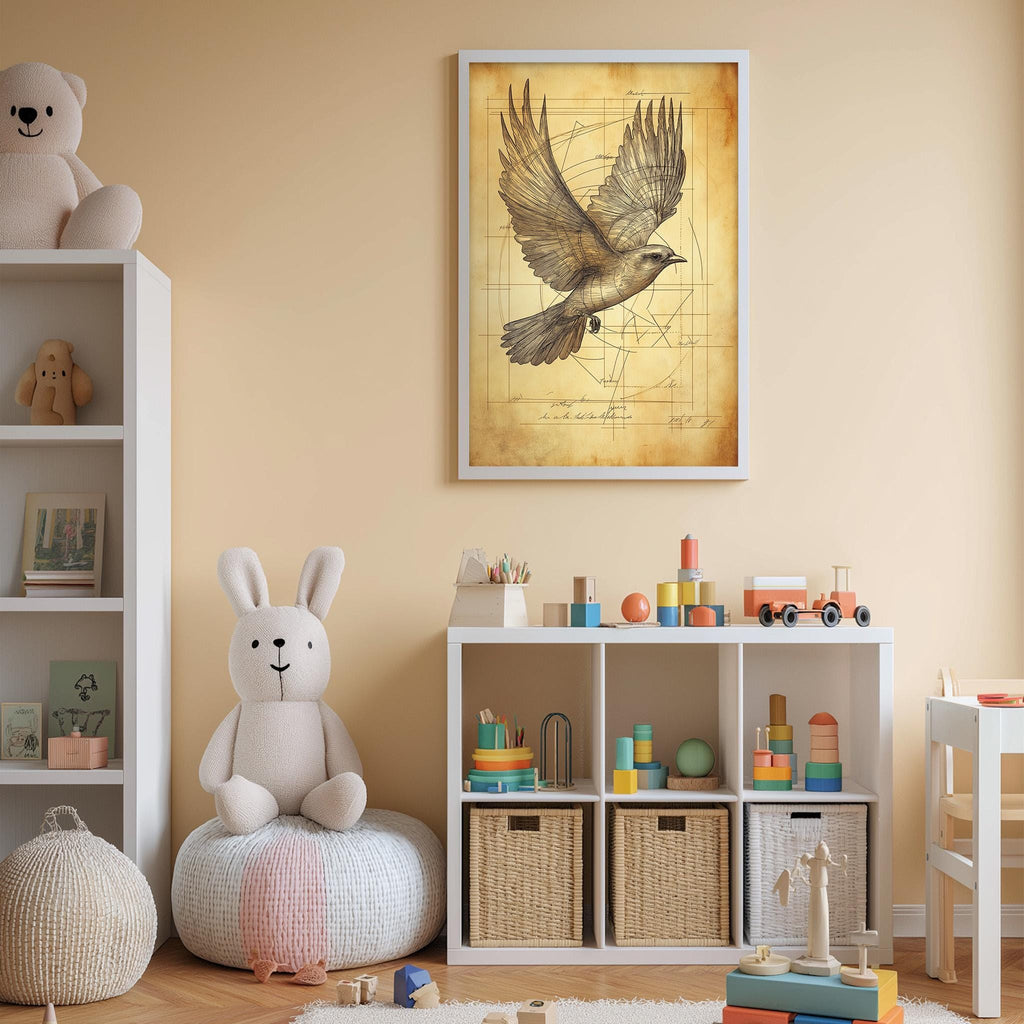 A child's bedroom with a stuffed rabbit, a bookshelf, and a framed drawing of a bird in flight.